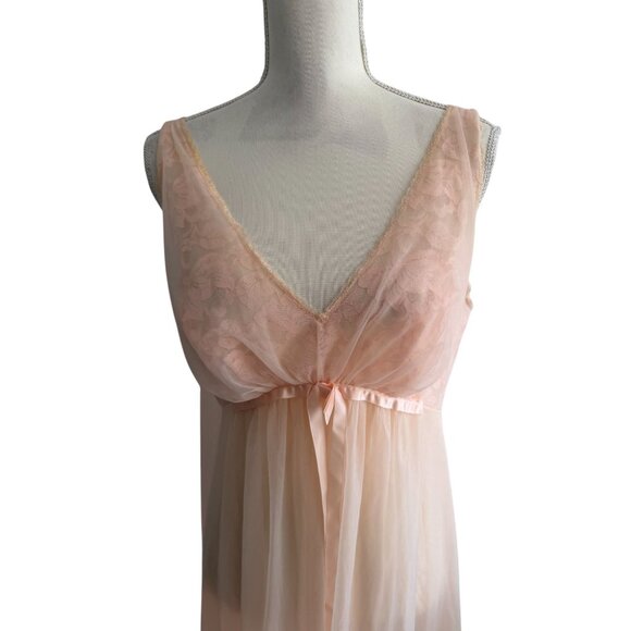 VANITY FAIR Vintage Peach Pink Lace Double Layer Nylon Nightgown Size 36 / US 6 - Picture 8 of 16